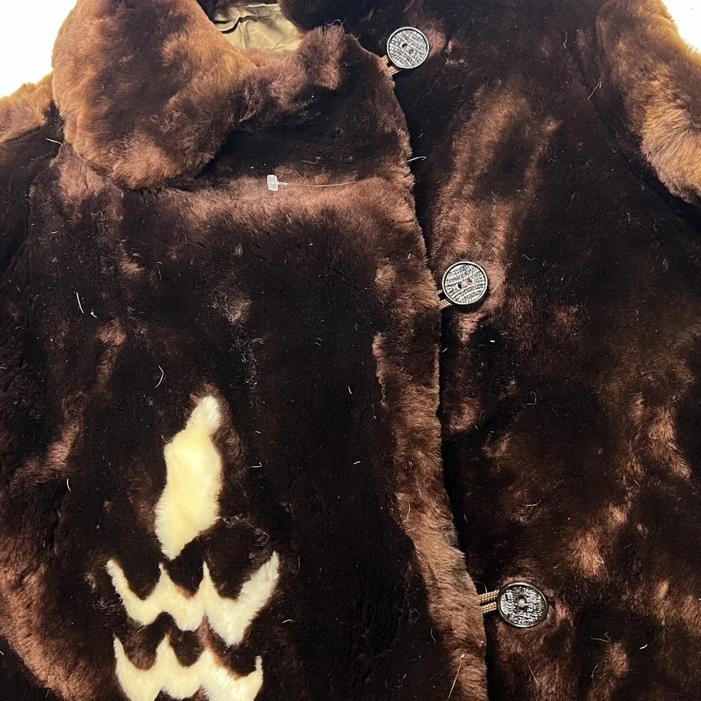 Vintage Soviet Faux Fur Coat Kids 28 Brown 1973 USSR Plush Flame Detail Jacket